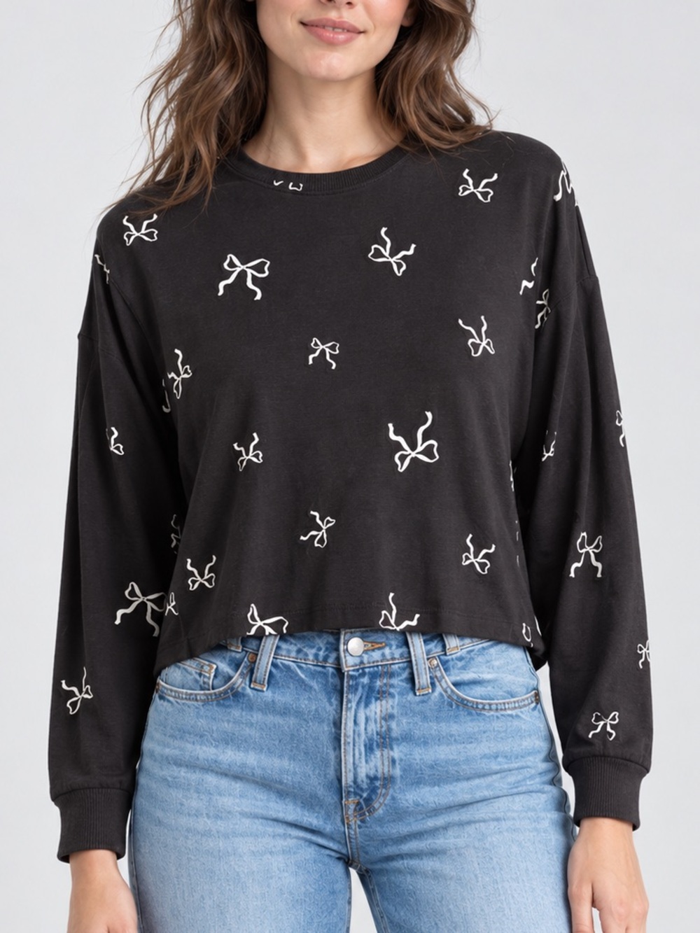 🆕🖤 Lucky Brand Women’s Black White Bow Print Long Sleeve Pullover Top Size M